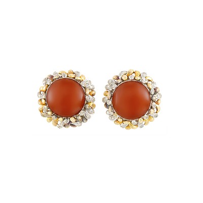 Lot 360 - Pair of Two-Color Gold, Coral and Diamond Earclips