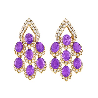 Lot 343 - Pair of Gold, Amethyst and Diamond Pendant-Earclips