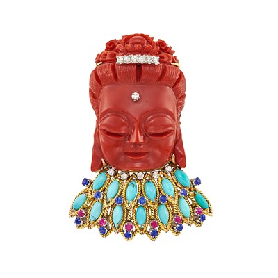 Lot 339 - Gold, Carved Oxblood Coral, Turquoise, Ruby, Sapphire and Diamond Clip-Brooch