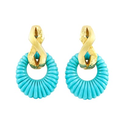 Lot 377 - Pair of Gold and Fluted Turquoise Pendant-Earclips, Andrew Clunn