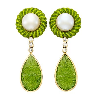Lot 67 - Pair of Gold, Button Cultured Pearl, Diamond, Lime Green Enamel and Carved Peridot Pendant-Earclips