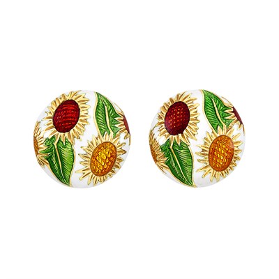 Lot 176 - Pair of Gold and Multicolored Enamel Sunflower Earclips, Cellini