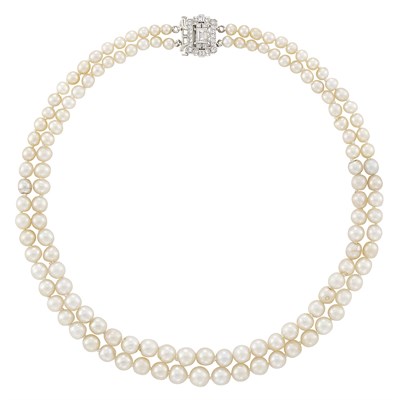 Lot 472 - Double Strand Natural Pearl Necklace with Platinum and Diamond Clasp