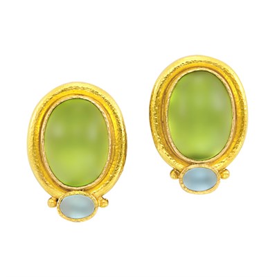 Lot 1 - Pair of Gold, Cabochon Peridot and Aquamarine and Mother-of-Pearl Earclips, Elizabeth Locke
