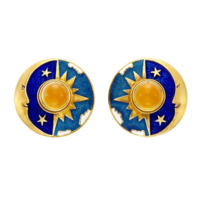 Lot 61 - Pair of Gold, Cabochon Citrine and Enamel Earclips, Cellini