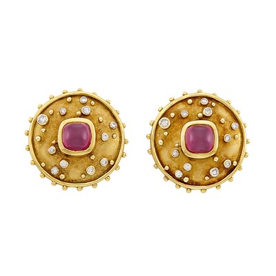 Lot 89 - Pair of Gold, Cabochon Rubellite and Diamond Earclips