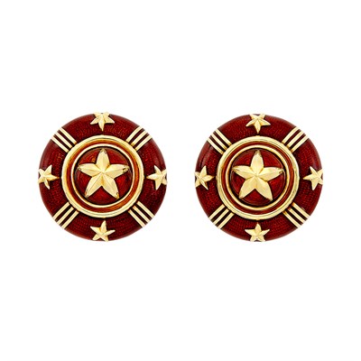 Lot 185 - Pair of Gold and Red Enamel Earclips, Cellini