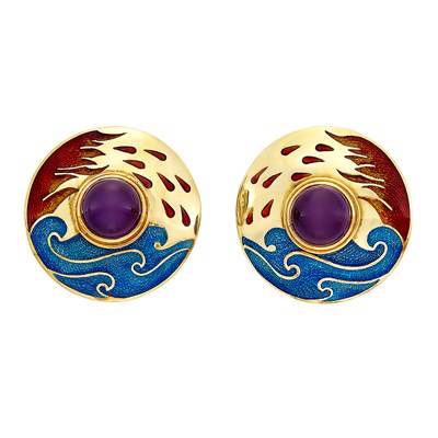 Lot 59 - Pair of Gold, Cabochon Amethyst and Enamel Earclips, Cellini