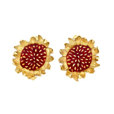 Lot 27 - Pair of Gold and Enamel Sunflower Earrings, Angela Cummings