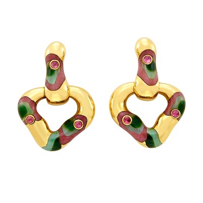 Lot 411 - Pair of Gold, Rhodochrosite, Jade, Aventurine Quartz and Cabochon Pink Tourmaline Pendant-Earclips, Angela Cummings
