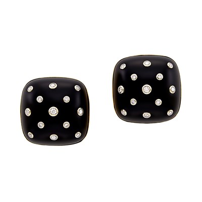 Lot 456 - Pair of Gold, Black Onyx and Diamond Earclips, Trianon