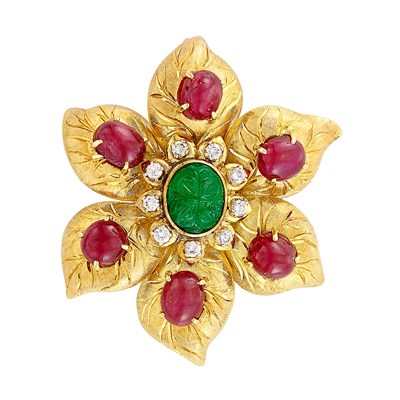 Lot 16 - Gold, Carved Emerald, Cabochon Ruby and Diamond Flower Pendant-Brooch, Trio