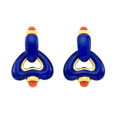 Lot 44 - Pair of Gold, Lapis and Coral Pendant-Earrings, Angela Cummings
