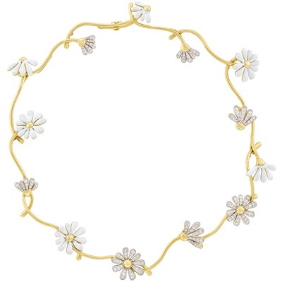Lot 407 - Gold, Platinum, White Enamel and Diamond Flower Necklace, Angela Cummings