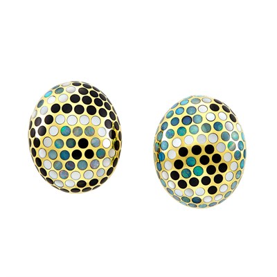 Lot 406 - Pair of Gold, Opal, Mother-of-Pearl and Black Jade 'Polka Dot' Earrings, Angela Cummings