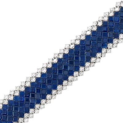 Lot 135 - Platinum, Invisibly-Set Sapphire and Diamond Bracelet