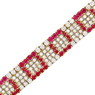 Lot 324 - Five Strand Gold, Diamond and Ruby Bracelet