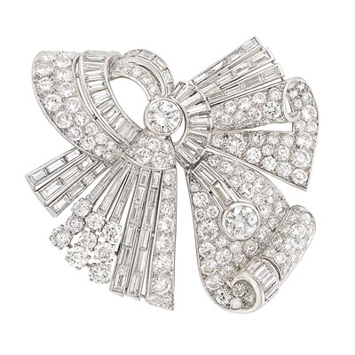 Lot 486 - Platinum and Diamond Bow Clip-Brooch, France