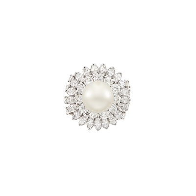 Lot 140 - Platinum, Cultured Pearl and Diamond Ring