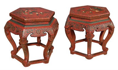 Lot 344 - Pair of Chinese Red Lacquered Hexagonal Low...