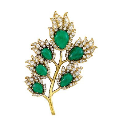 Lot 287 - Gold, Cabochon Emerald and Diamond Brooch