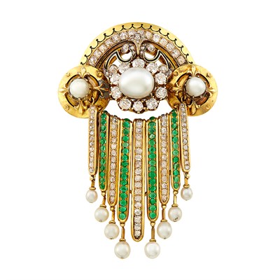 Lot 217 - Antique Gold, Pearl, Diamond, Emerald and Enamel Fringe Brooch
