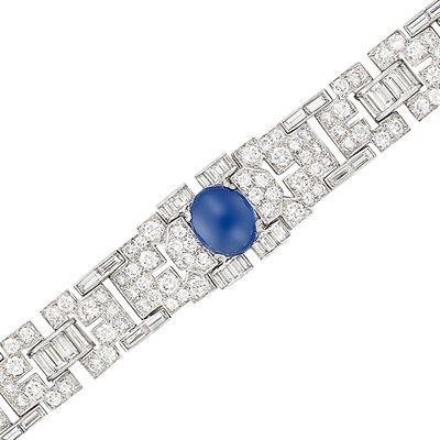 Lot 498 - Platinum, Cabochon Sapphire and Diamond Bracelet