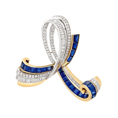 Lot 492 - Gold, Platinum, Diamond and Sapphire Ribbon Clip-Brooch