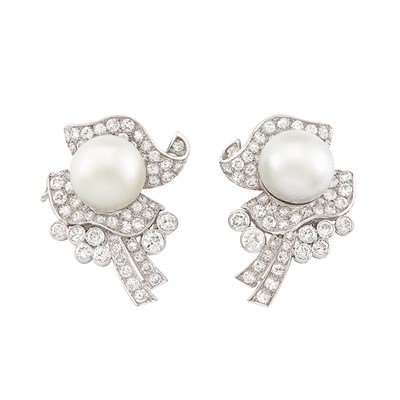 Lot 120 - Pair of Platinum, South Sea Cultured Pearl and Diamond Earclips