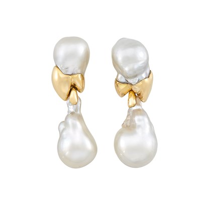 Lot 34 - Pair of Gold and South Sea Baroque Cultured Pearl Pendant-Earclips