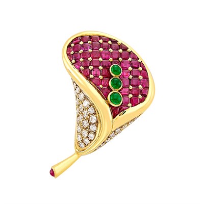 Lot 68 - Gold, Buff-Topped Cabochon Ruby, Cabochon Emerald and Diamond Flower Clip-Brooch, Faraone