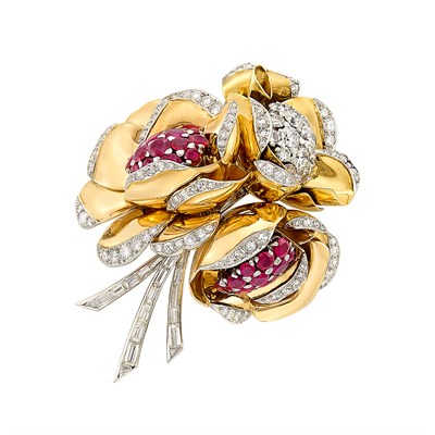 Lot 247 - Two-Color Gold, Platinum, Diamond and Ruby Flower Clip, France