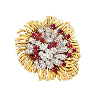 Lot 237 - Gold, Platinum, Diamond and Ruby Flower Clip-Brooch, France