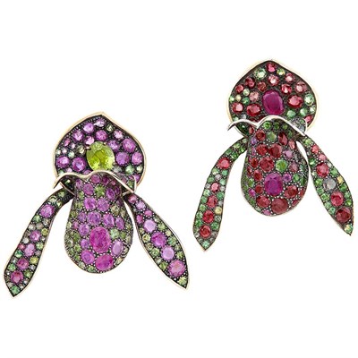 Lot 93 - Pair of Gold, Silver, Ruby and Multicolored Sapphire Orchid Clips