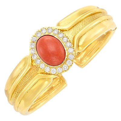 Lot 331 - Gold, Coral and Diamond Bangle Bracelet, Andrew Clunn