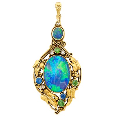 Lot 212 - Art Nouveau Gold, Black Opal, Sapphire, Demantoid Garnet and Diamond Pendant