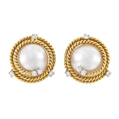 Lot 243 - Pair of Gold, Mabé Pearl and Diamond Earclips, Tiffany & Co., Schlumberger