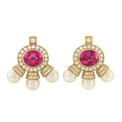 Lot 288 - Pair of Gold, Rubellite, Diamond and Cultured Pearl Earclips, Elizabeth Gage
