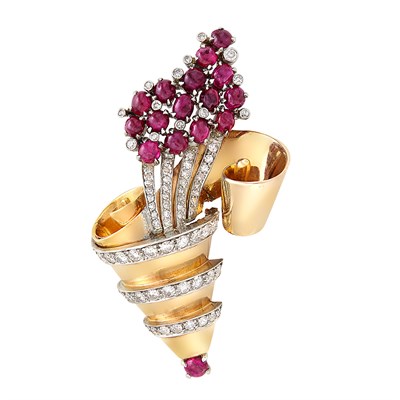 Lot 368 - Rose Gold, Platinum, Cabochon Ruby and Diamond Cornucopia Clip