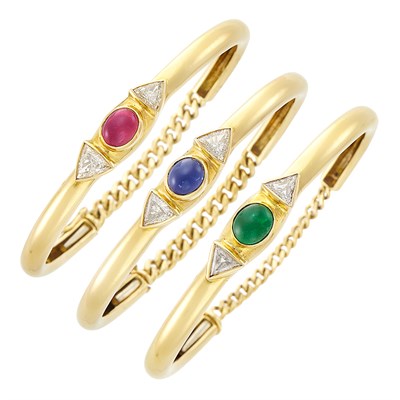 Lot 8 - Three Gold, Cabochon Colored Stone and Diamond Bangle Bracelets