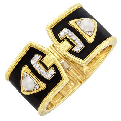 Lot 337 - Hammered Gold, Platinum, Black Enamel, Mabé Pearl and Diamond Cuff Bangle Bracelet, David Webb
