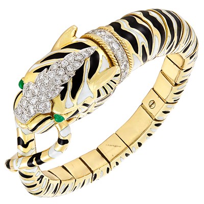Lot 338 - Gold, Platinum, Black and White Enamel, Diamond and Cabochon Emerald Tiger Bangle Bracelet, David Webb