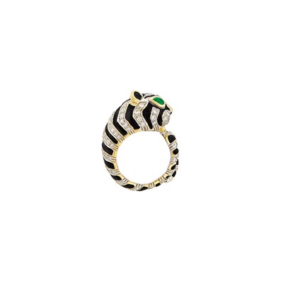 Lot 336 - Gold, Platinum, Black Enamel, Diamond and Emerald Tiger Ring, David Webb