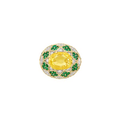 Lot 348 - Two-Color Gold, Yellow Sapphire, Emerald and Diamond Dome Ring