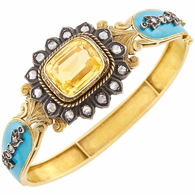 Lot 374 - Gold, Silver, Yellow Sapphire, Enamel and Diamond Bangle Bracelet