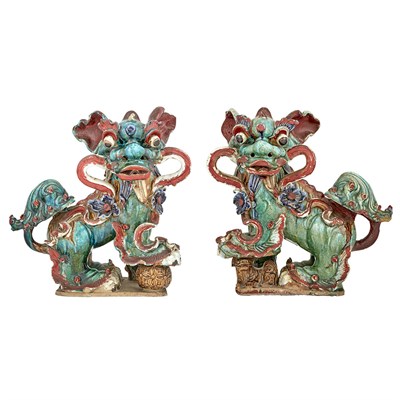 Lot 38 - Pair of Chinese Glazed Stoneware Fu Dog Roof...