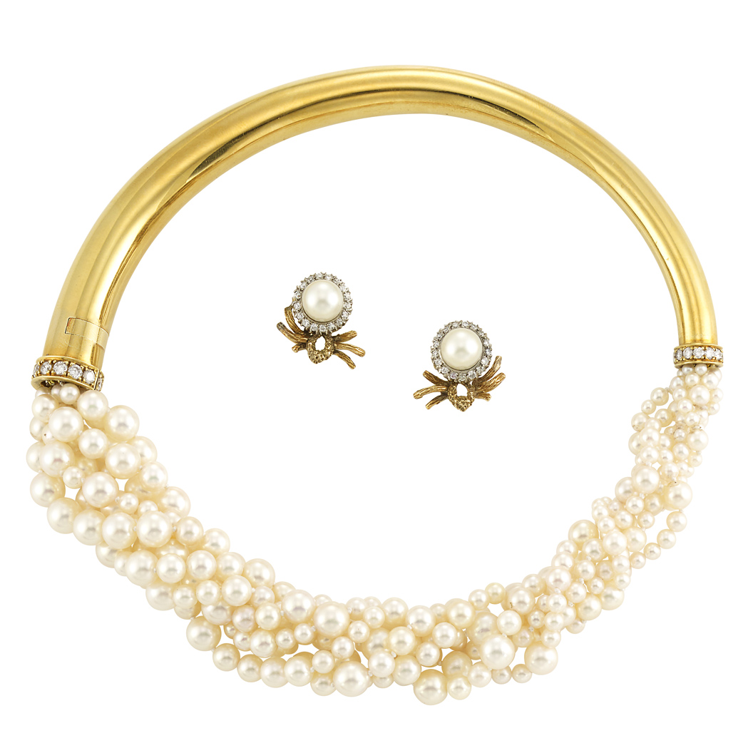 Lot 1386 - Multistrand Cultured Pearl, Gold and Diamond Necklace, Gilson, and Pair of Earclips