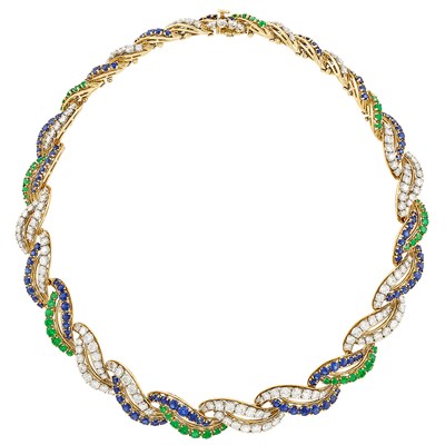 Lot 359 - Gold, Platinum, Diamond, Sapphire and Emerald Necklace, France