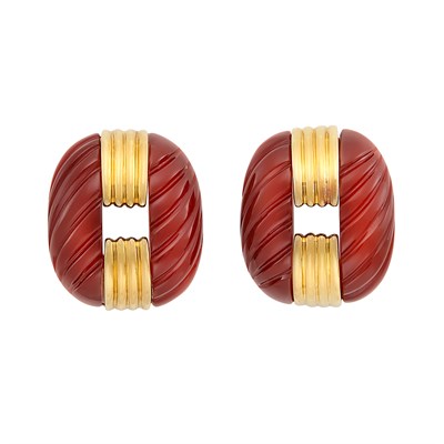 Lot 341 - Pair of Fluted Carnelian and Gold Earclips, David Webb