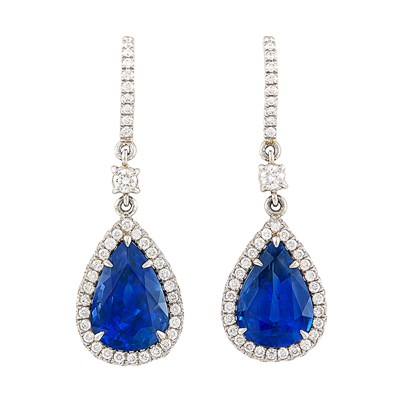 Lot 85 - Pair of Platinum, Sapphire and Diamond Pendant-Earrings